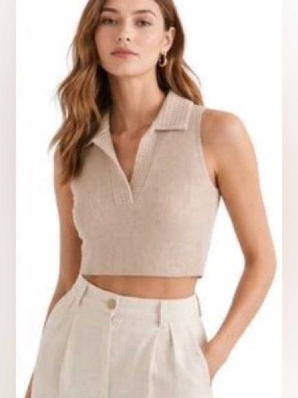 Caroline Constas Beige Knit Polo Tank with Crochet Size Medium